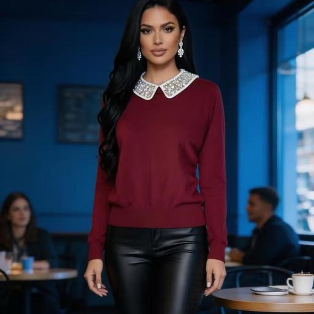 Burgundy sweater with rhinestone collar details. Liv Milano S missing button